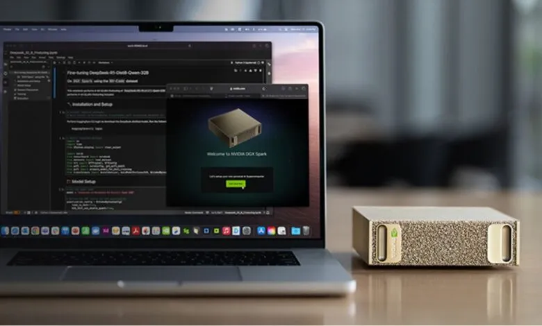 Nvidia DGX Spark device next to a laptop displaying code and setup screen.