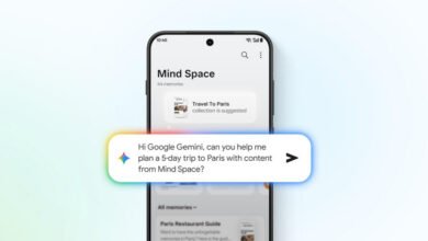 Smartphone displaying Google Gemini AI planning a trip to Paris using 'Mind Space' memories.