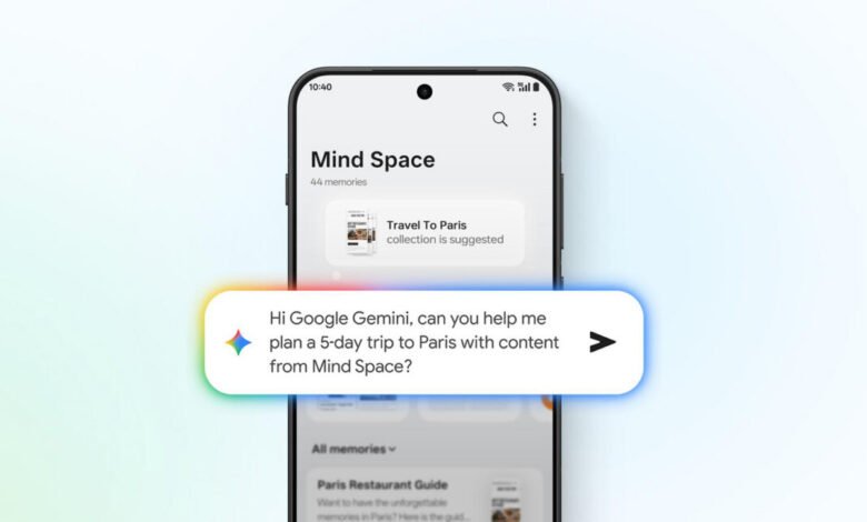 Smartphone displaying Google Gemini AI planning a trip to Paris using 'Mind Space' memories.