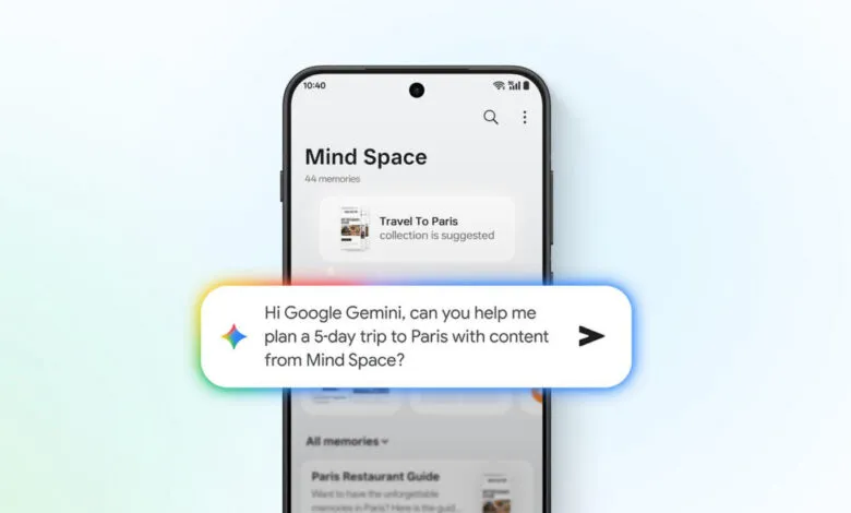 Smartphone displaying Google Gemini AI planning a trip to Paris using 'Mind Space' memories.