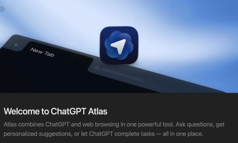 ChatGPT Atlas app icon on a dark interface with a 'New Tab' button.