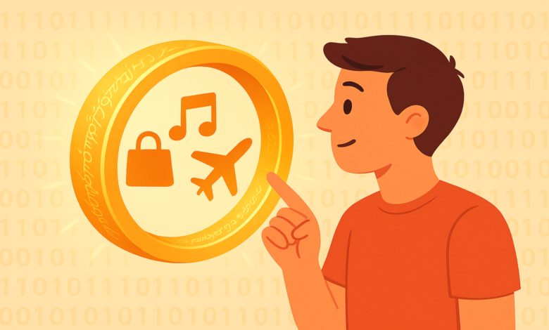 Man points to a golden ring with icons for shopping, music, and travel.