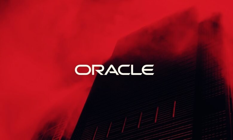 The Oracle logo in white text against a dark, abstract background with red hues.