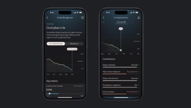 Two smartphone screens displaying Oura app stress management and cumulative stress data.