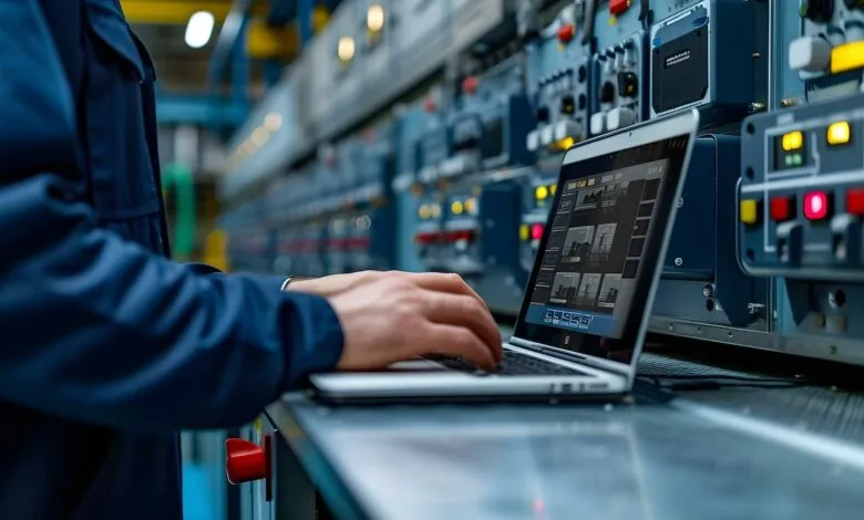 Technician's hands typing on a laptop in front of industrial control panels.