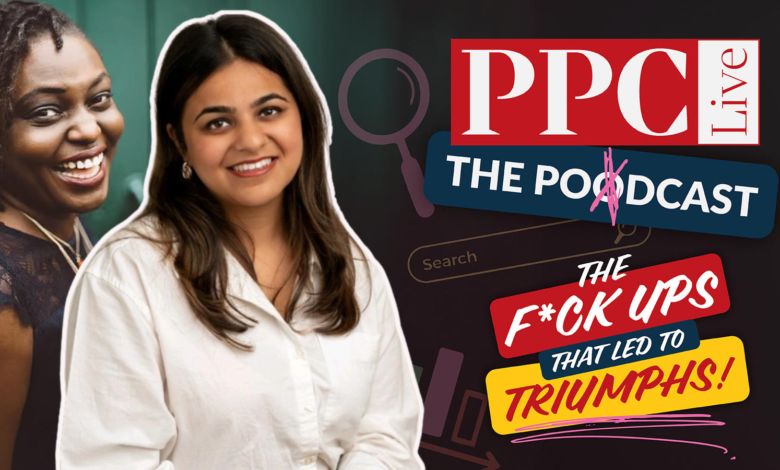 Two women smiling, with podcast title graphics in the background.