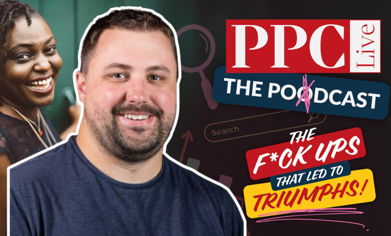 Two smiling people with podcast branding in the background.