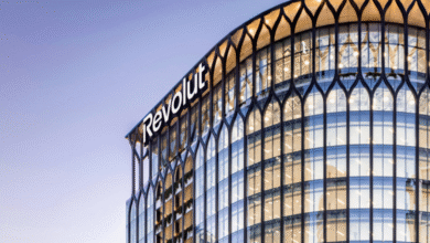 Close-up of the Revolut office building exterior with its distinctive arched windows and illuminated logo.