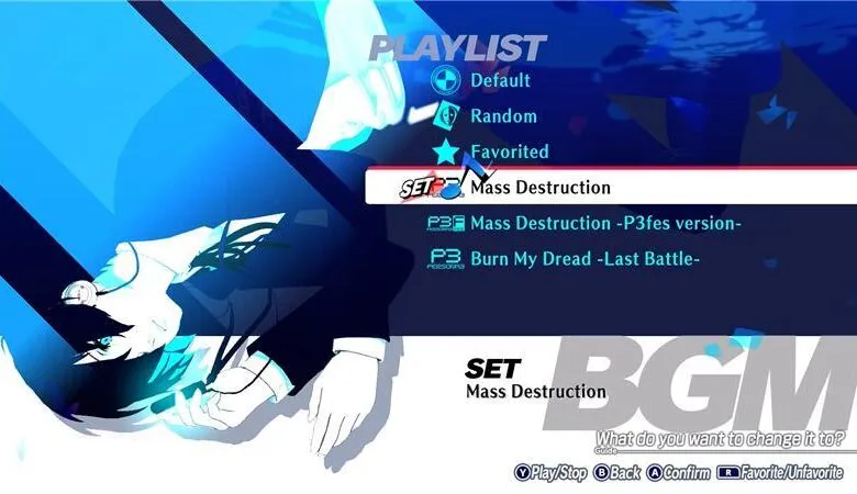 Anime character with blue eyes and white hair, looking down, with a playlist menu overlay.