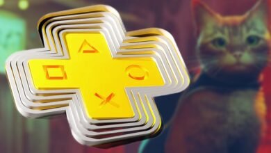 PlayStation Plus logo with a blurred cat in the background