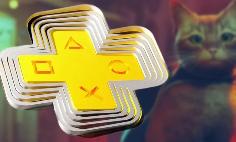 PlayStation Plus logo with a blurred cat in the background