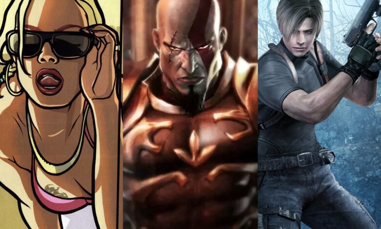 Collage of three video game characters: a stylized woman, Kratos from God of War, and Leon S. Kennedy from Resident Evil.