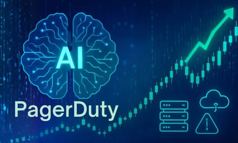 AI brain graphic with PagerDuty logo and upward trending stock chart.