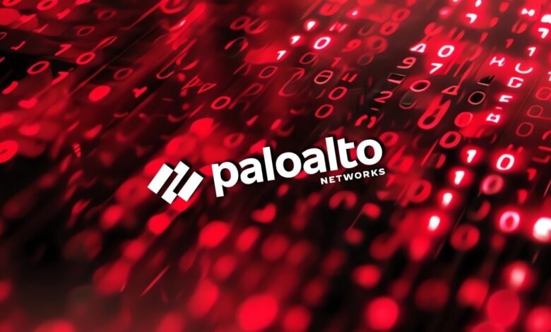 Palo Alto Networks logo against a red digital background with binary code.