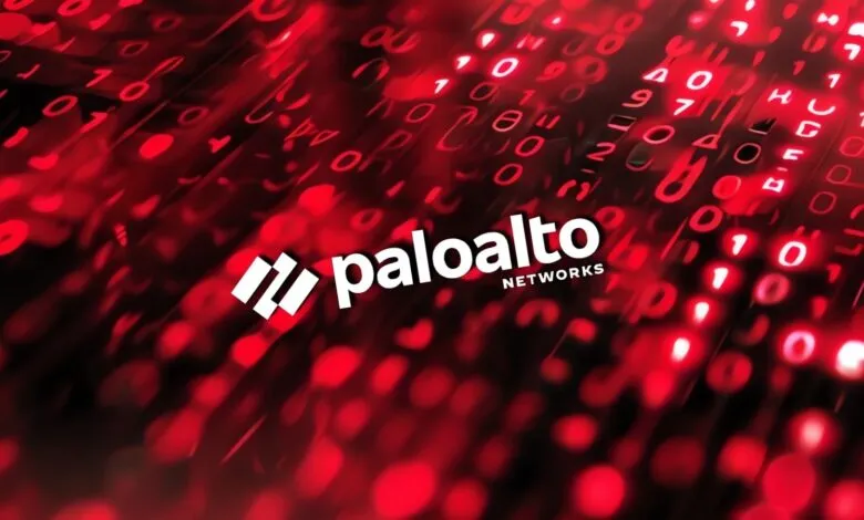 Palo Alto Networks logo against a red digital background with binary code.