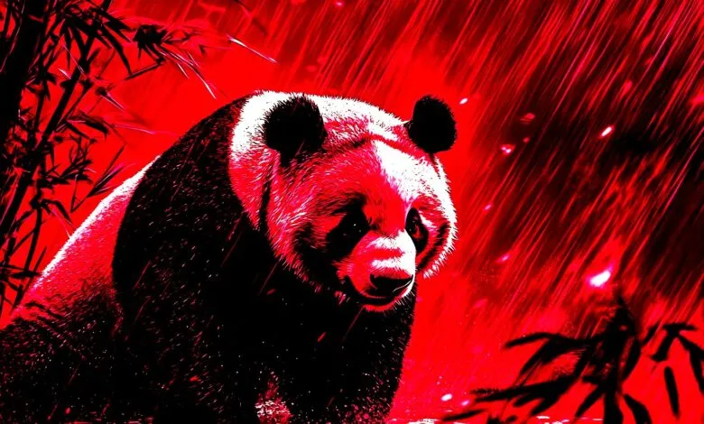 A giant panda in a dramatic red and black artistic rendering, with rain falling.