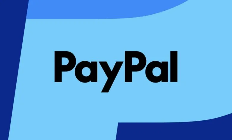 The PayPal logo in black text on a light blue background with dark blue abstract shapes.