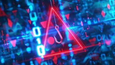 A metallic fishing hook hangs from a chain inside a glowing red triangle, symbolizing cyber threats.