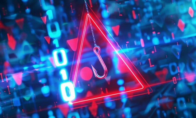 A metallic fishing hook hangs from a chain inside a glowing red triangle, symbolizing cyber threats.