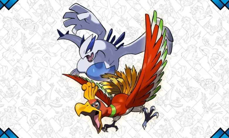 Ho-Oh and Lugia, legendary Pokémon, in dynamic flight against a patterned background.