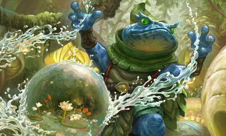 A blue frog-like creature with green eyes manipulates water in a lush, green environment.