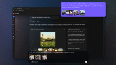 Screenshot of Adobe Firefly interface showing carousel post creation with travel photos.
