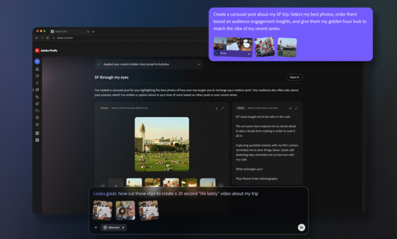 Screenshot of Adobe Firefly interface showing carousel post creation with travel photos.