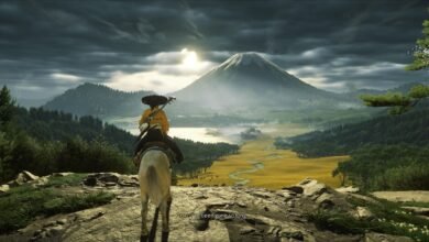 A lone samurai on horseback gazes at a vast, misty landscape with a prominent mountain.