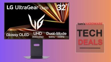 LG UltraGear 32-inch Glossy OLED UHD Dual-Mode monitor with 165Hz-330Hz refresh rate.