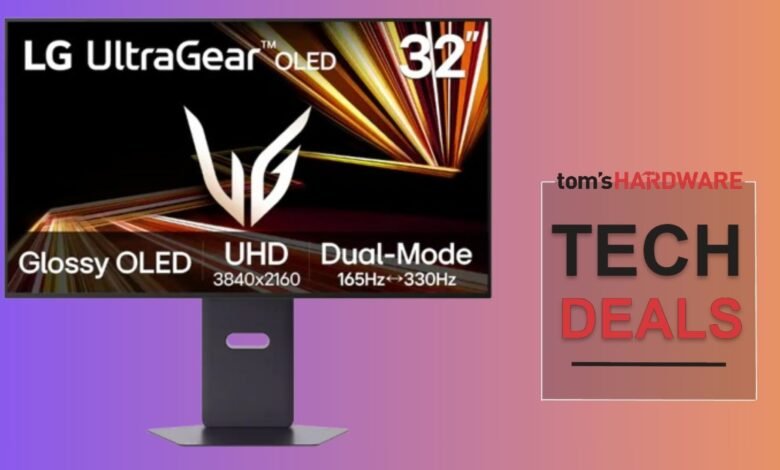 LG UltraGear 32-inch Glossy OLED UHD Dual-Mode monitor with 165Hz-330Hz refresh rate.