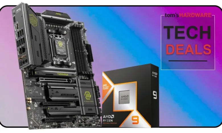 MSI motherboard and AMD Ryzen 9 processor box with Tom's Hardware Tech Deals logo.