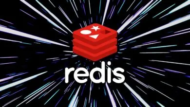 The Redis logo with its distinctive red stack and geometric shapes, set against a dynamic background of light streaks.