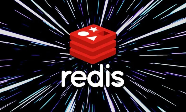 The Redis logo with its distinctive red stack and geometric shapes, set against a dynamic background of light streaks.