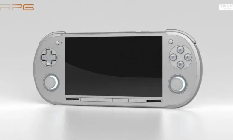 Silver Retroid Pocket 6 handheld gaming console with a black screen and controls.