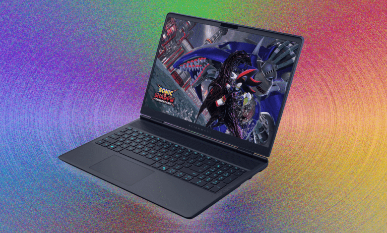 Alienware laptop displaying Sonic Shadow Generations game with vibrant background.
