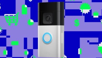 Ring battery video doorbell with a blue illuminated button against a purple and blue graphic background.