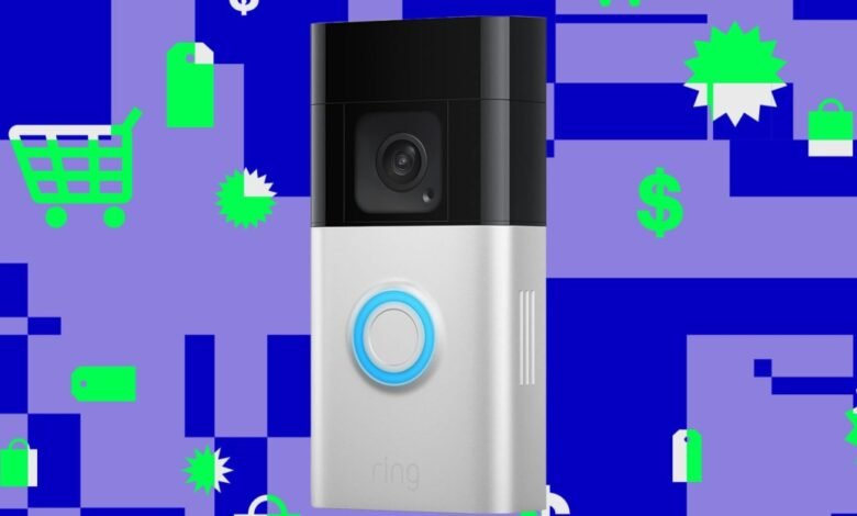 Ring battery video doorbell with a blue illuminated button against a purple and blue graphic background.