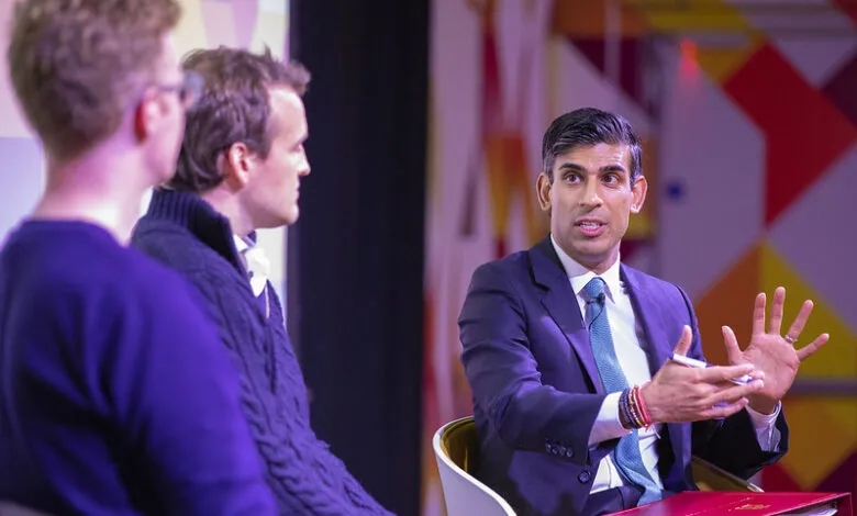 Rishi Sunak speaking animatedly with his hands, seated next to two men.