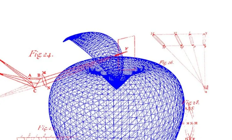 Wireframe model of an apple with scientific diagrams and annotations.