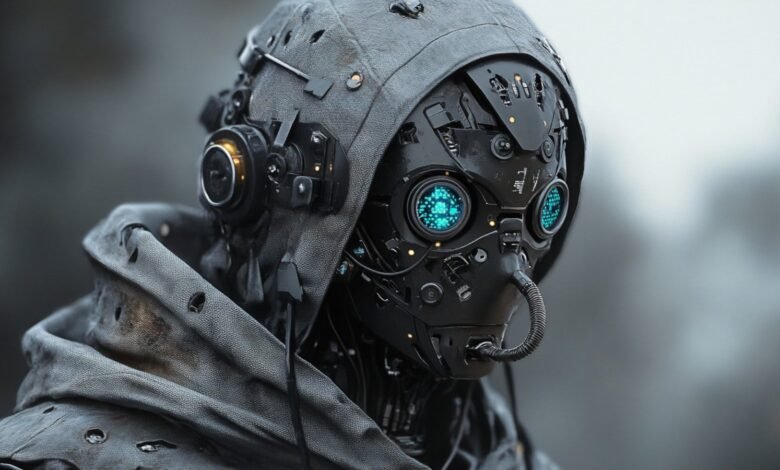 Close-up of a futuristic cyborg with glowing blue eyes and a gas mask.