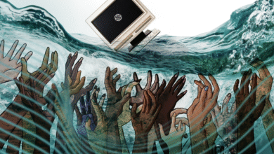 A diverse group of hands reaching up from water towards a computer monitor with the OpenAI logo.