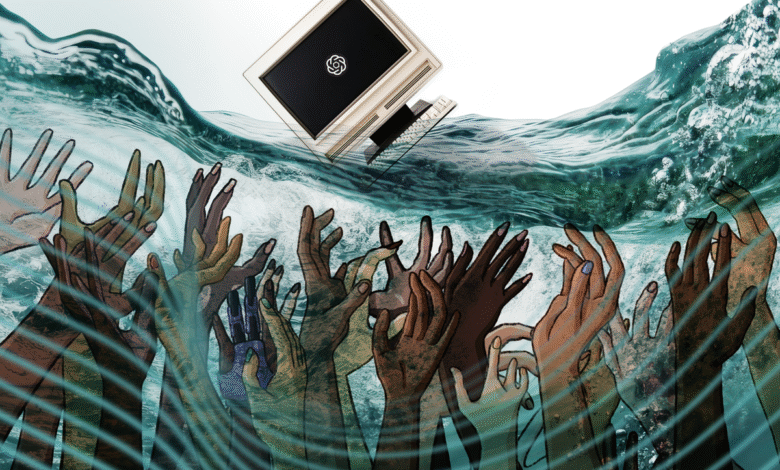 A diverse group of hands reaching up from water towards a computer monitor with the OpenAI logo.