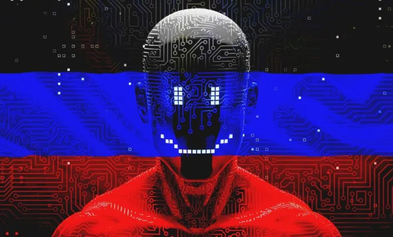 Robotic head with circuit board patterns and glowing digital eyes and mouth, set against a background resembling the Russian flag.