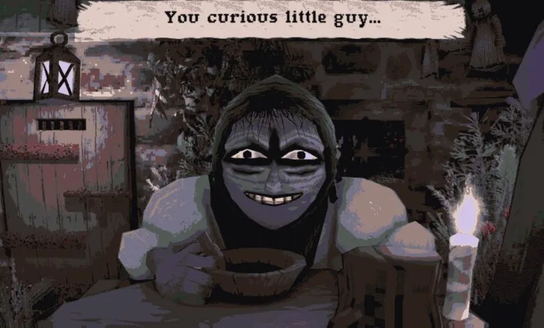A creepy, stylized character with wide eyes and a grin holds a bowl, with a candle and a barred door in the background.