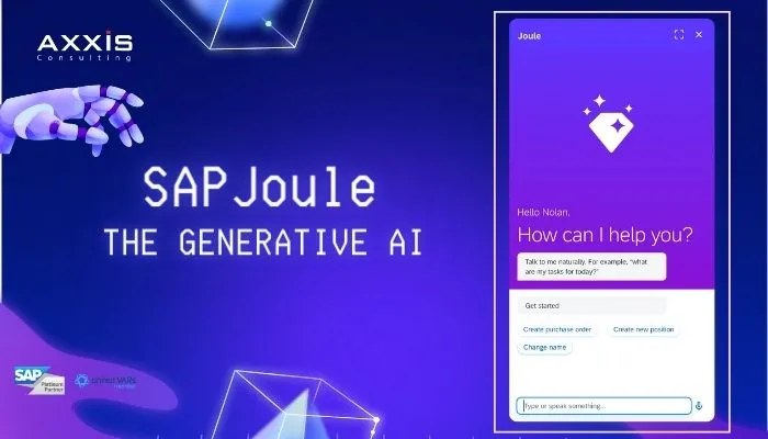 SAP Joule generative AI interface with a robotic hand and AXXIS Consulting logo.