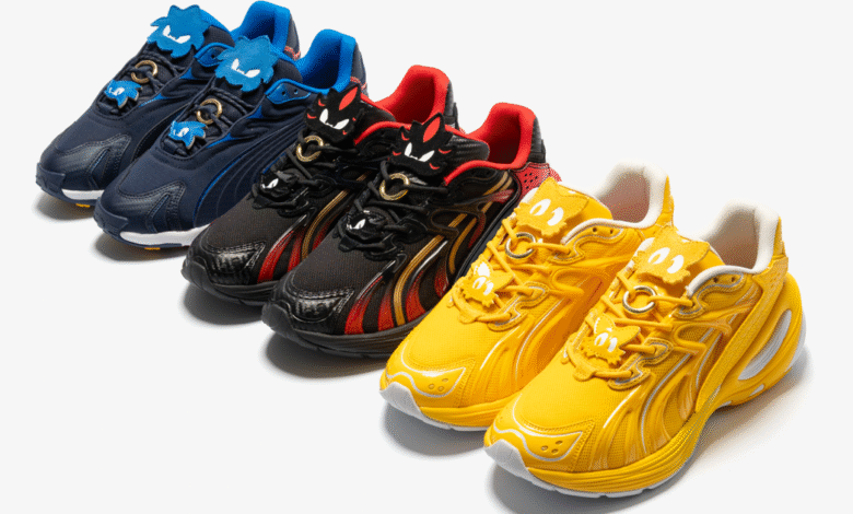 A collection of three pairs of Puma sneakers inspired by Sonic the Hedgehog characters.