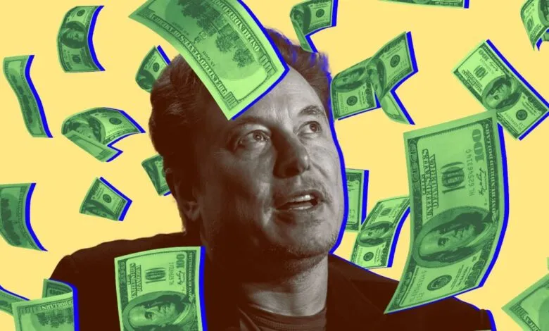 Elon Musk looking up with 100 dollar bills falling around him against a yellow background.