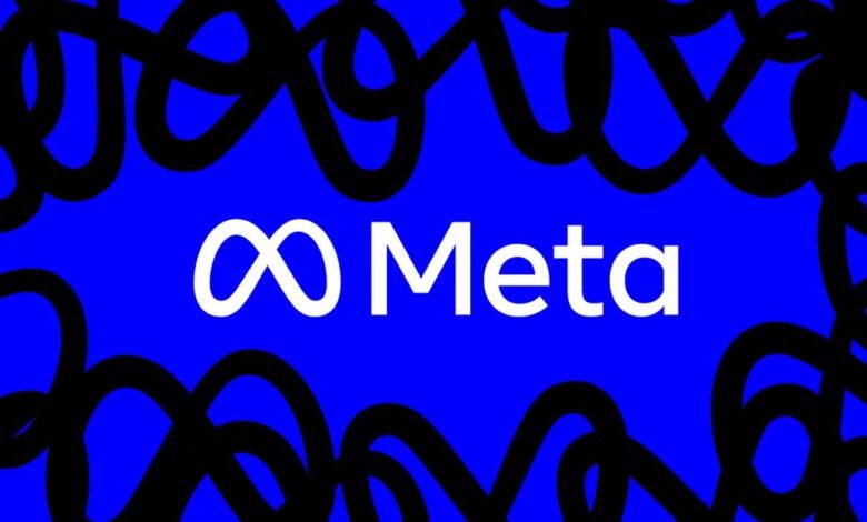 The Meta logo with an infinity symbol and the word 'Meta' in white on a vibrant blue background, framed by black abstract lines.