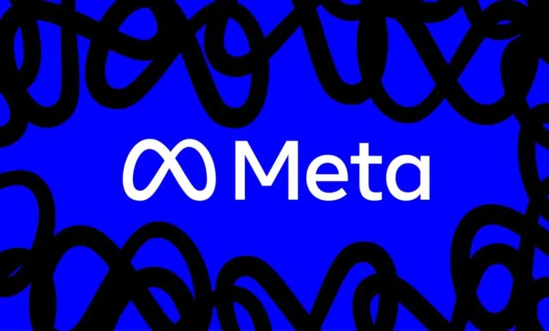 The Meta logo with an infinity symbol and the word 'Meta' in white on a vibrant blue background, framed by black abstract lines.