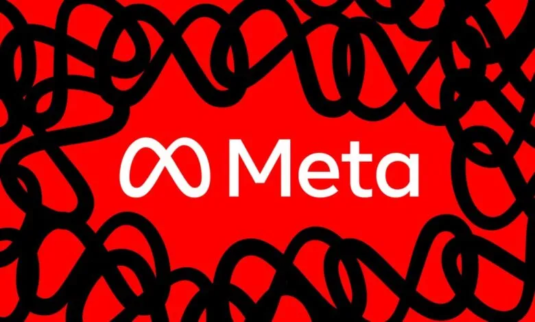 Meta logo with infinity symbol on a red background with black abstract lines.